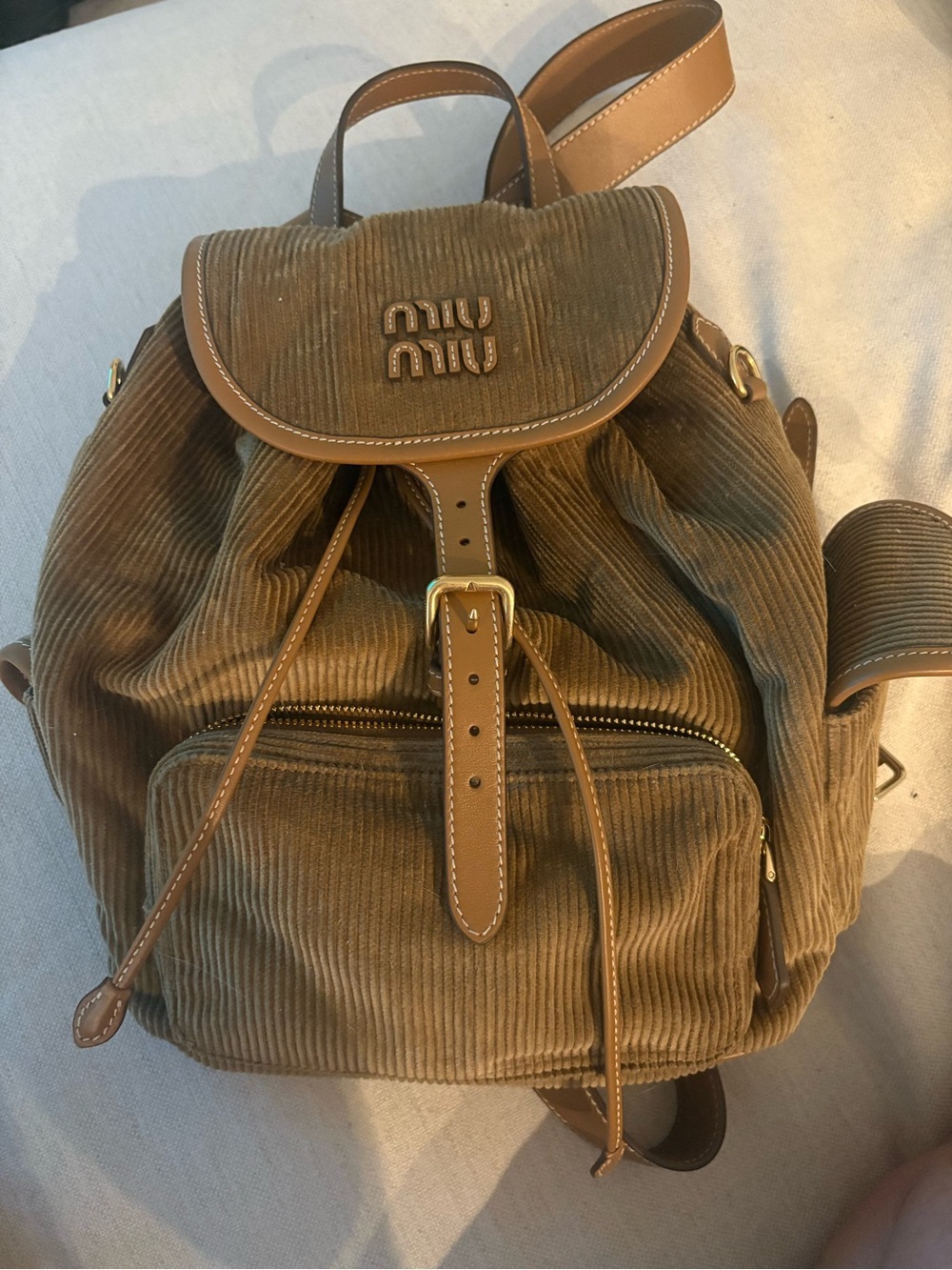Miu Miu Brown Corduroy Backpack with Tan Leather Trim